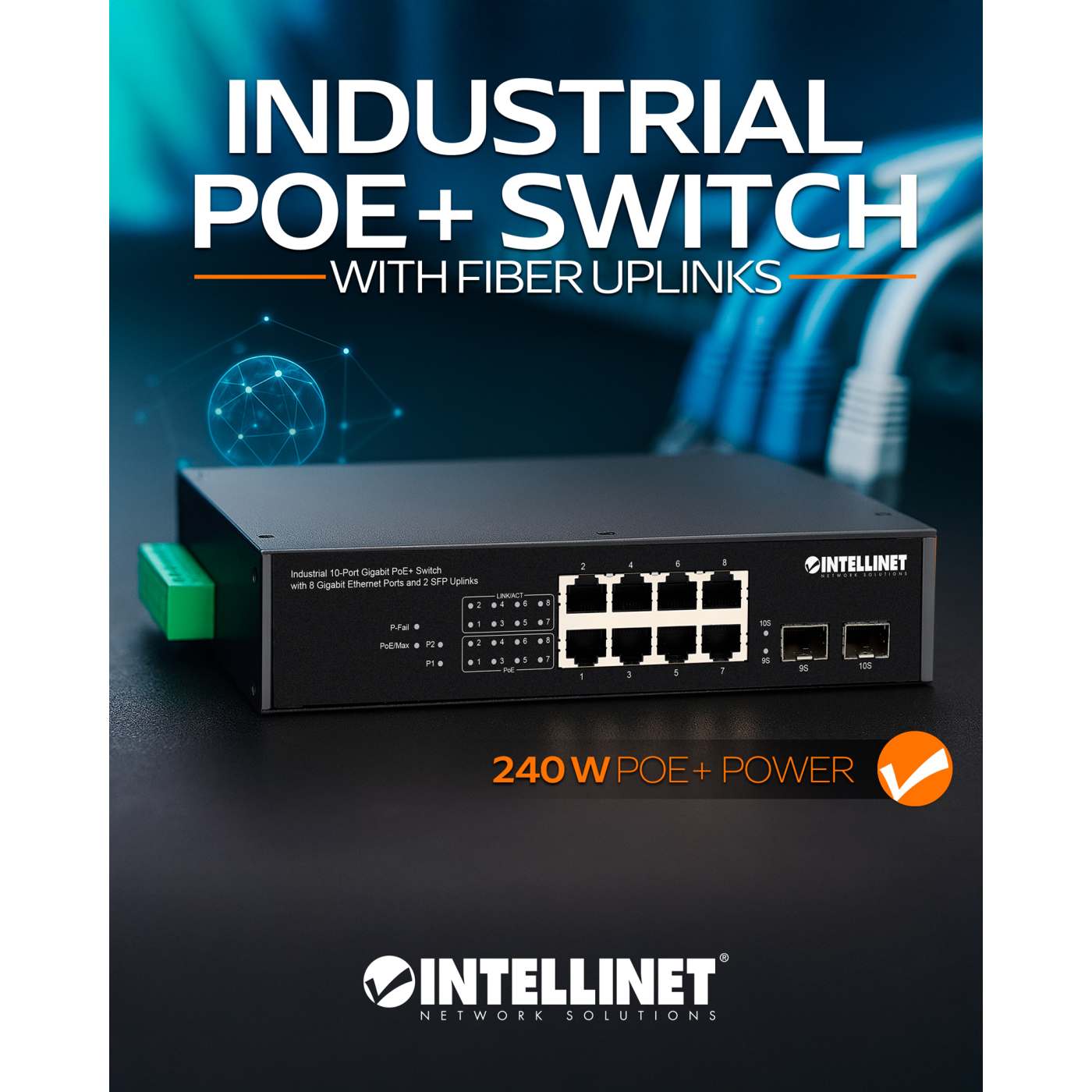 Switch PoE+ Gigabit industrial de 10 puertos con 8 puertos Gigabit Ethernet y 2 enlaces ascendentes SFP Image 10