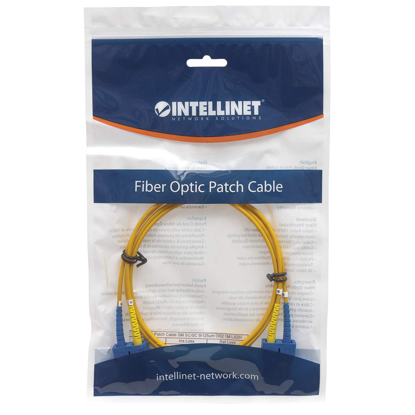Cable de fibra óptica de 1 m SC a SC UPC, 3,0 mm, dúplex, LSZH, monomodo OS2, amarillo Packaging Image 2