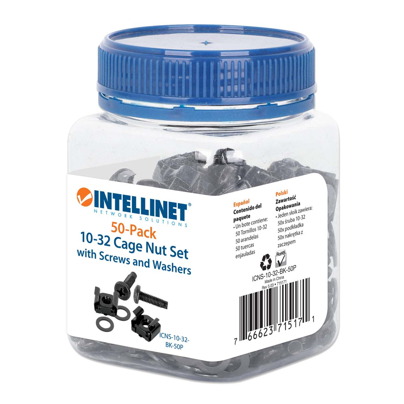Bote con 50 juegos de tornillería enjaulada 10-32 Packaging Image 2