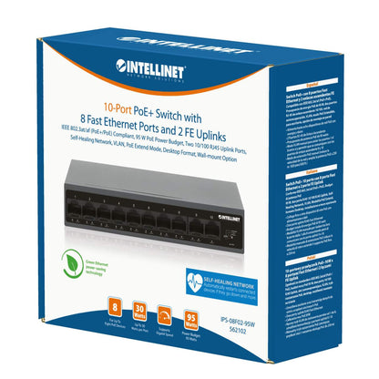 Switch PoE+ con 8 puertos Fast Ethernet y 2 enlaces ascendentes RJ-45 FE Packaging Image 2