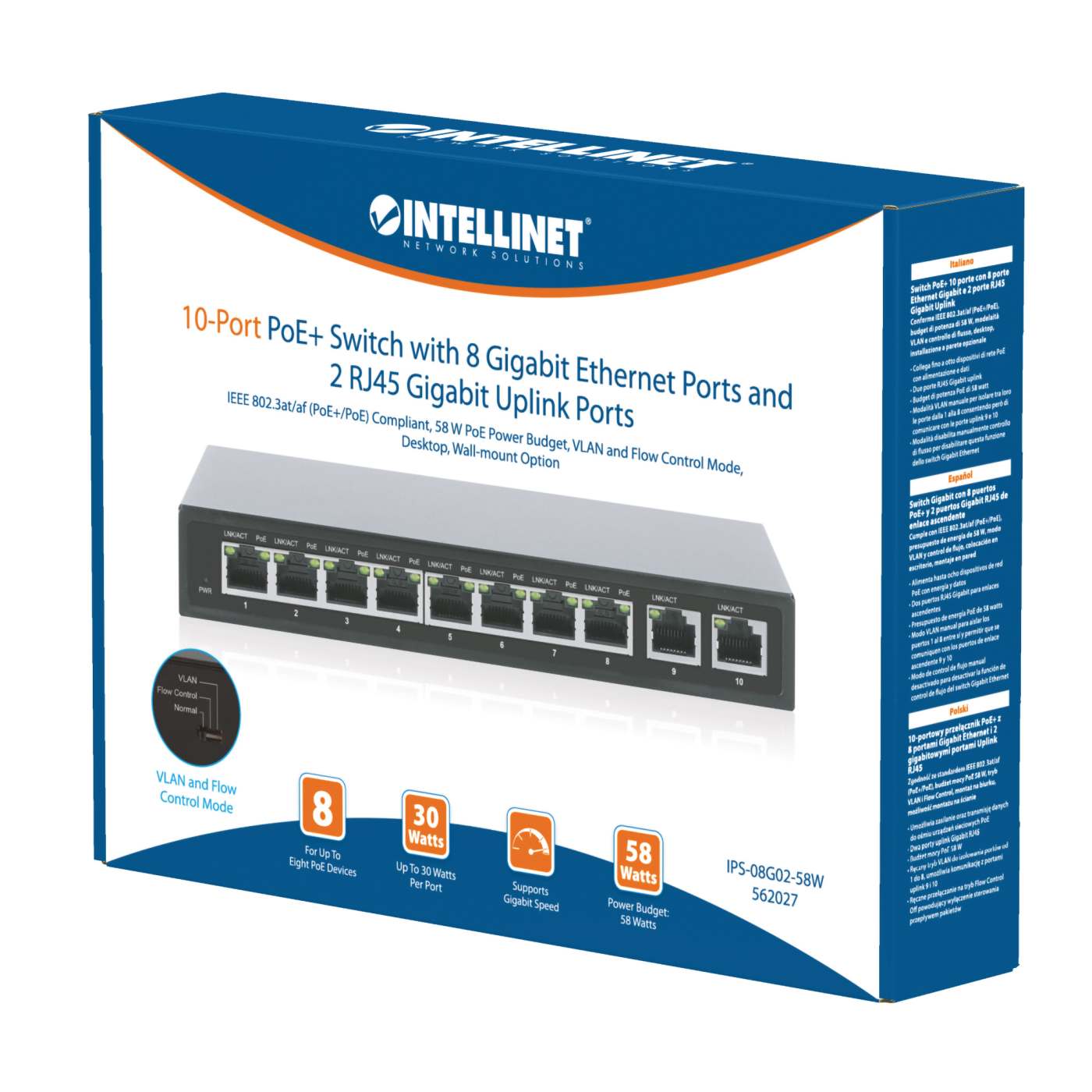 Switch Gigabit con 8 puertos PoE+ y 2 puertos RJ45 de enlace ascendente Packaging Image 2