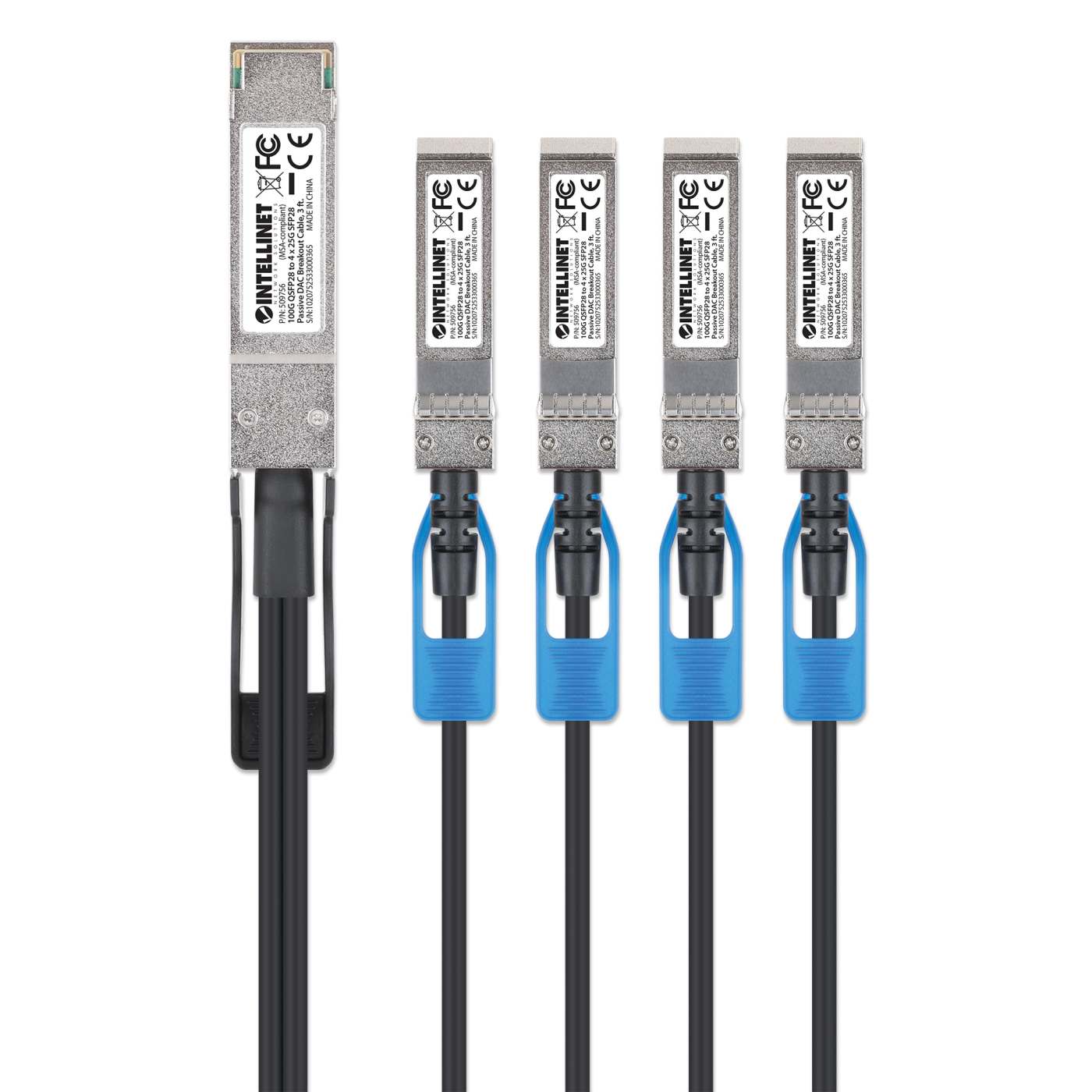 Cable de conexión DAC pasivo de 100 G QSFP28 a 4 x 25 G SFP28, 1m (3 ft) Image 4