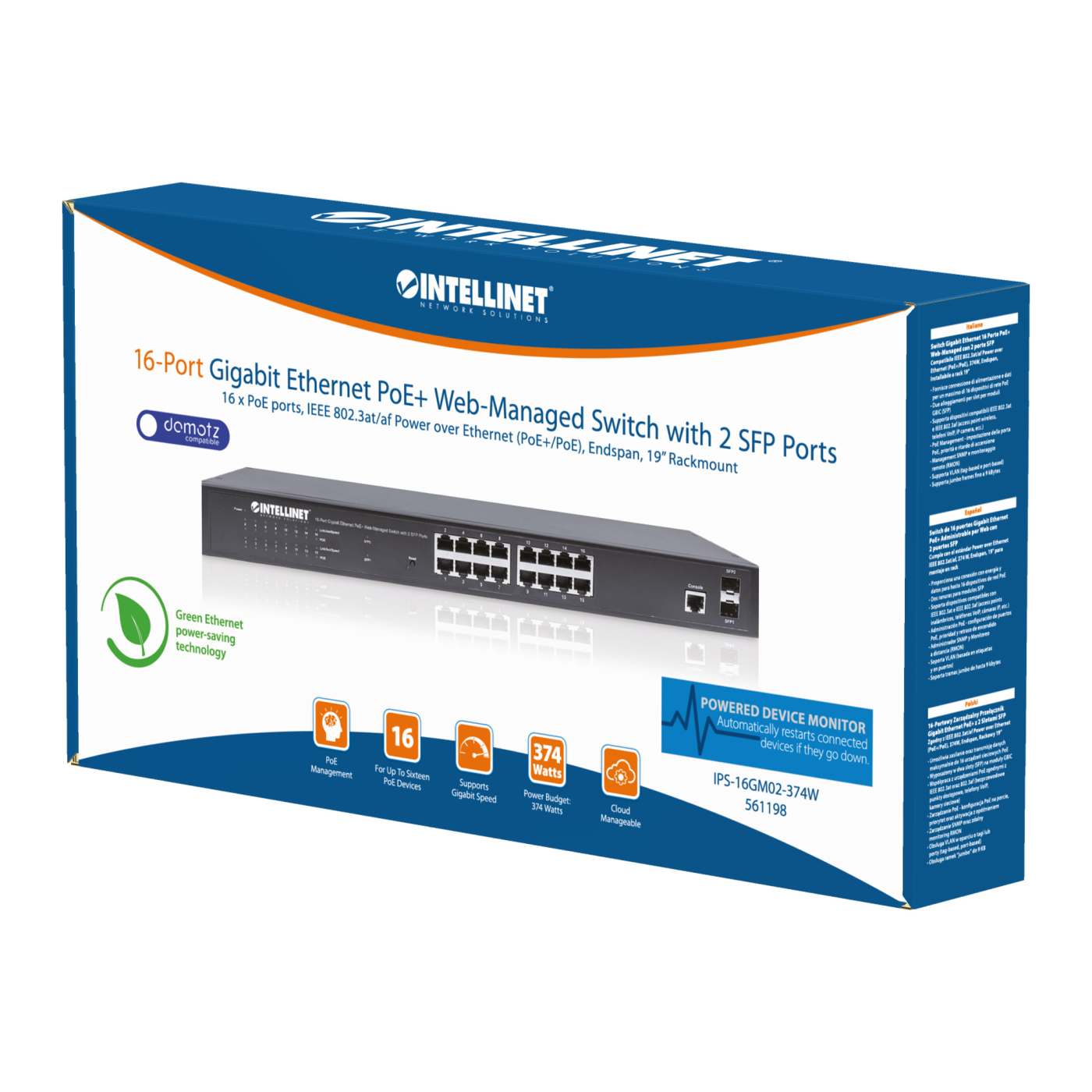 Switch Administrable Gigabit Ethernet de 16 puertos PoE+ con 2 puertos SFP Packaging Image 2