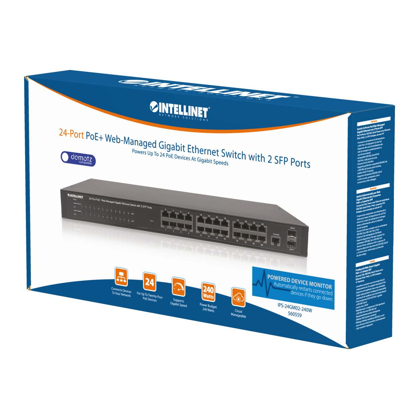 Switch Administrable por Web Gigabit Ethernet de 24 puertos PoE+ y 2 puertos SFP Packaging Image 2