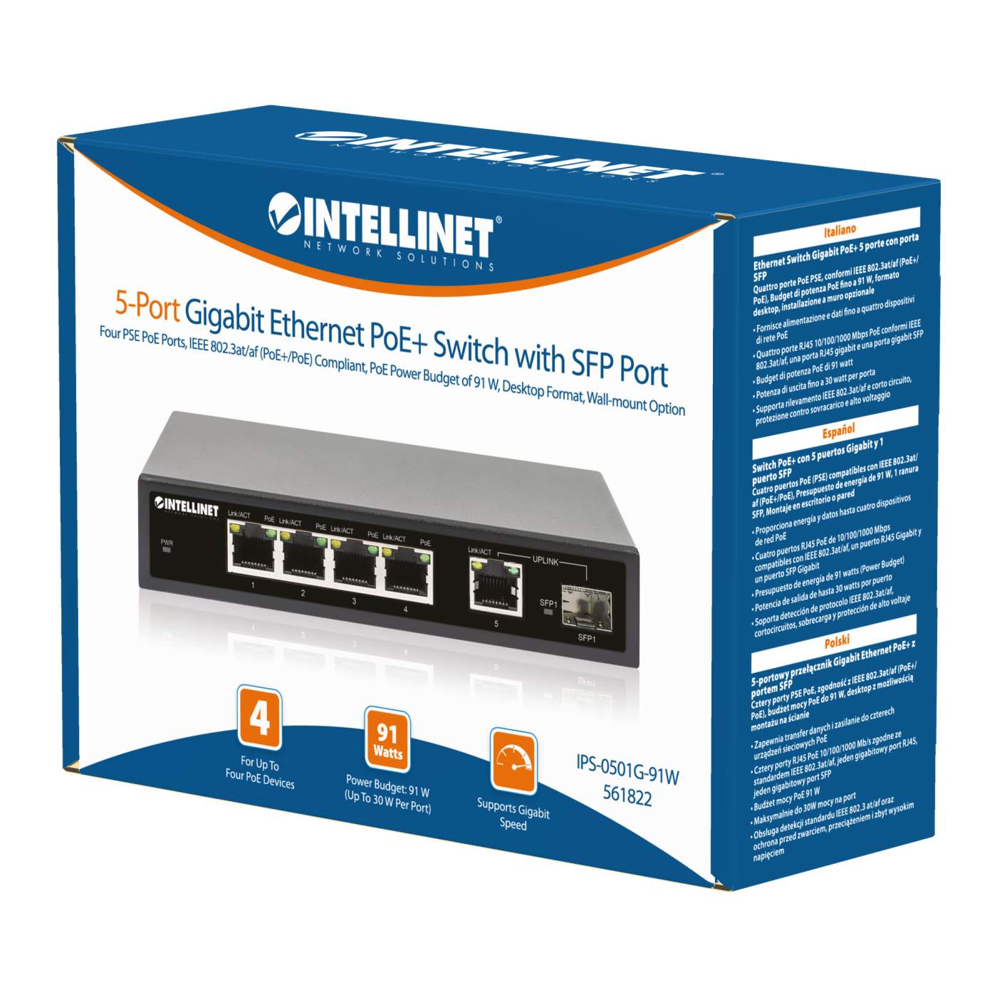 Switch PoE+ con 5 puertos Gigabit y 1 puerto SFP Packaging Image 2