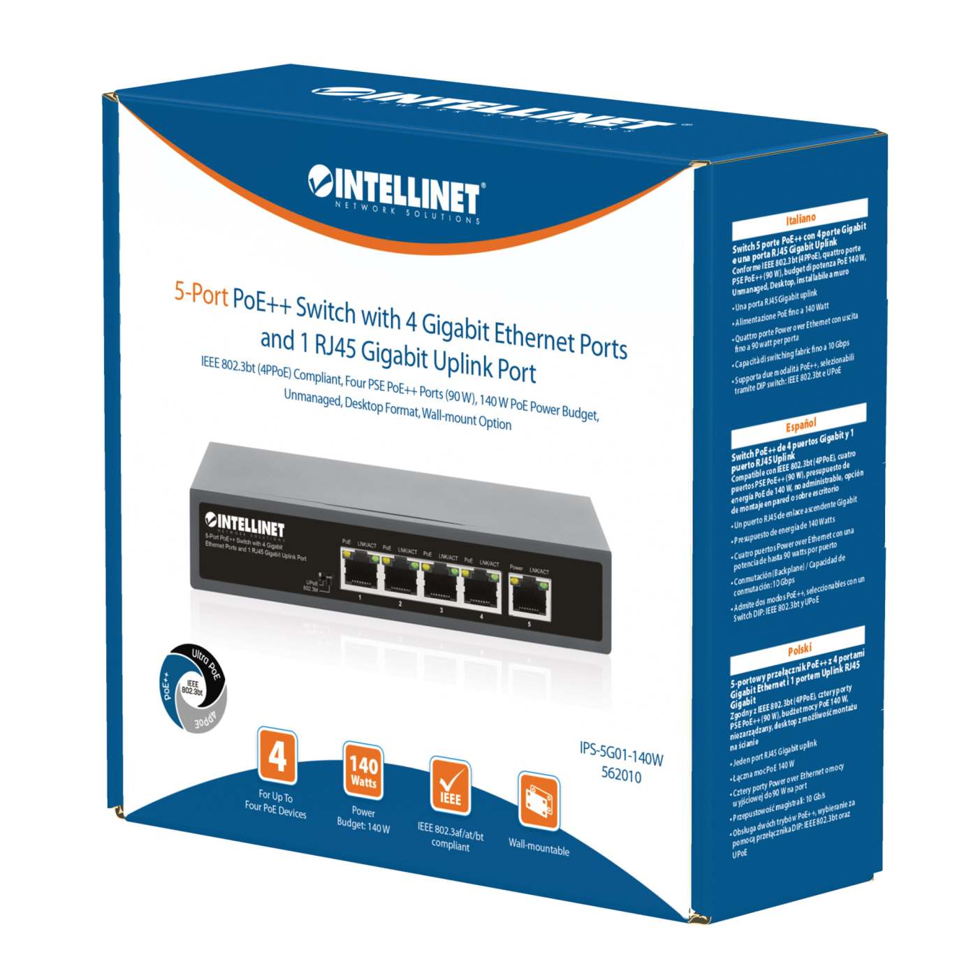 Switch PoE++ de 4 puertos Gigabit y 1 puerto ascendente RJ45 Packaging Image 2