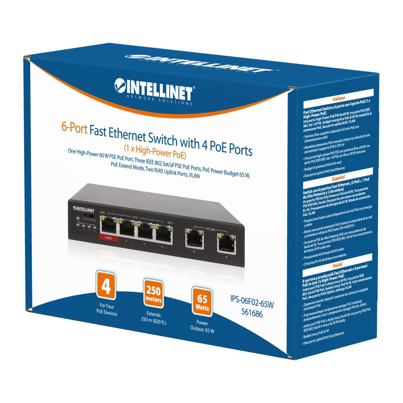 Switch con 6 puertos Fast Ethernet, (3 PoE+, 1 PoE de Alta Potencia y 2 de enlace) Packaging Image 2