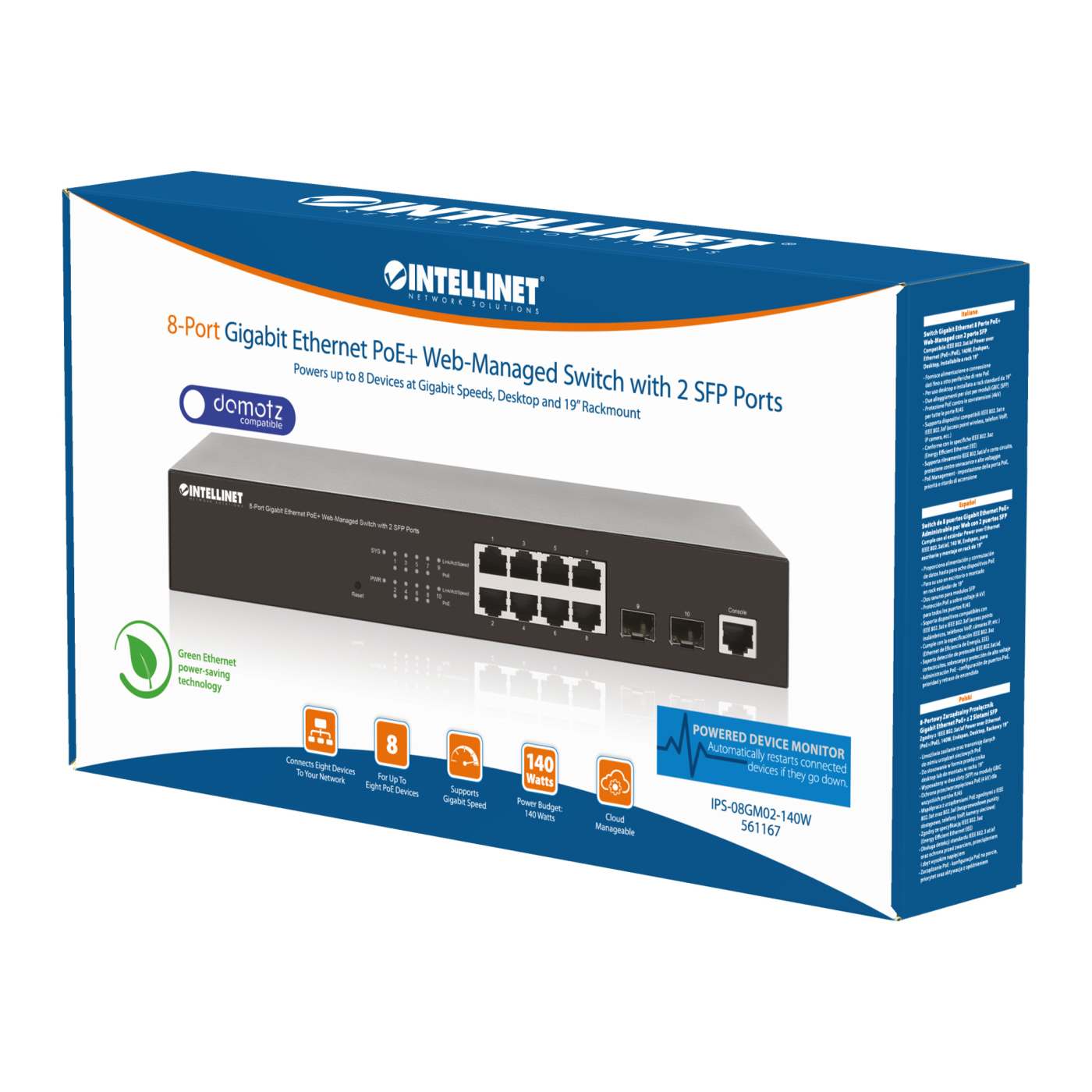 Switch Administrable Gigabit Ethernet de 8 puertos PoE+ con 2 puertos SFP Packaging Image 2