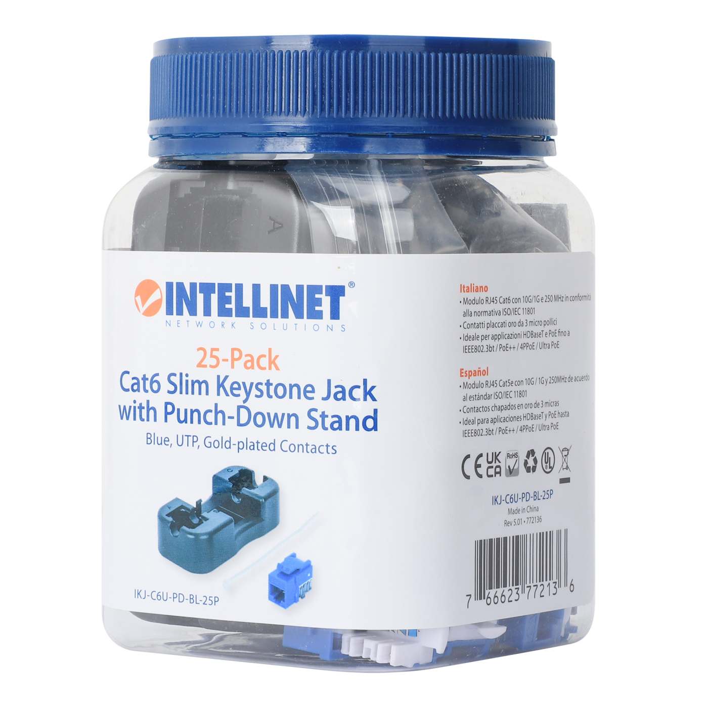 Paquete de 25 Jacks Keystone Slim Cat6, Azul Packaging Image 2