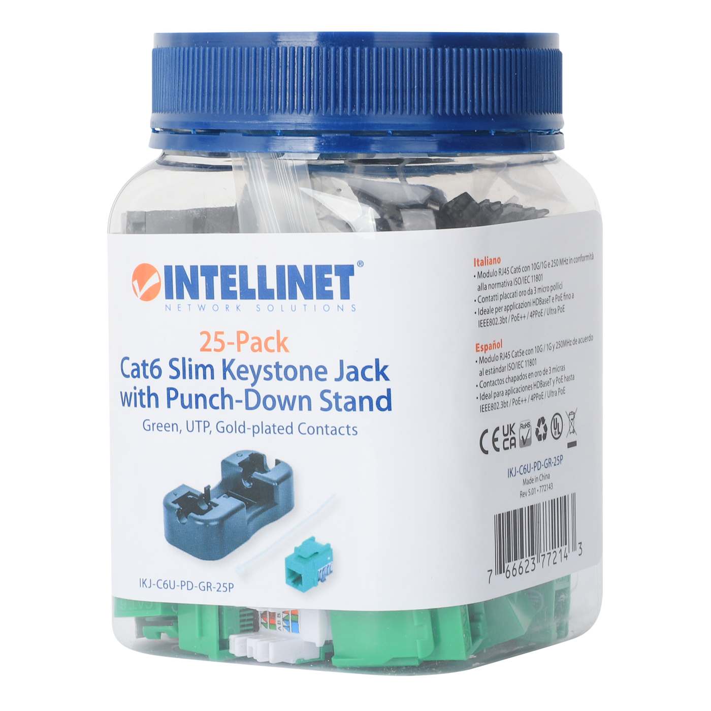 Paquete de 25 Jacks Keystone Slim Cat6, Verde Packaging Image 2