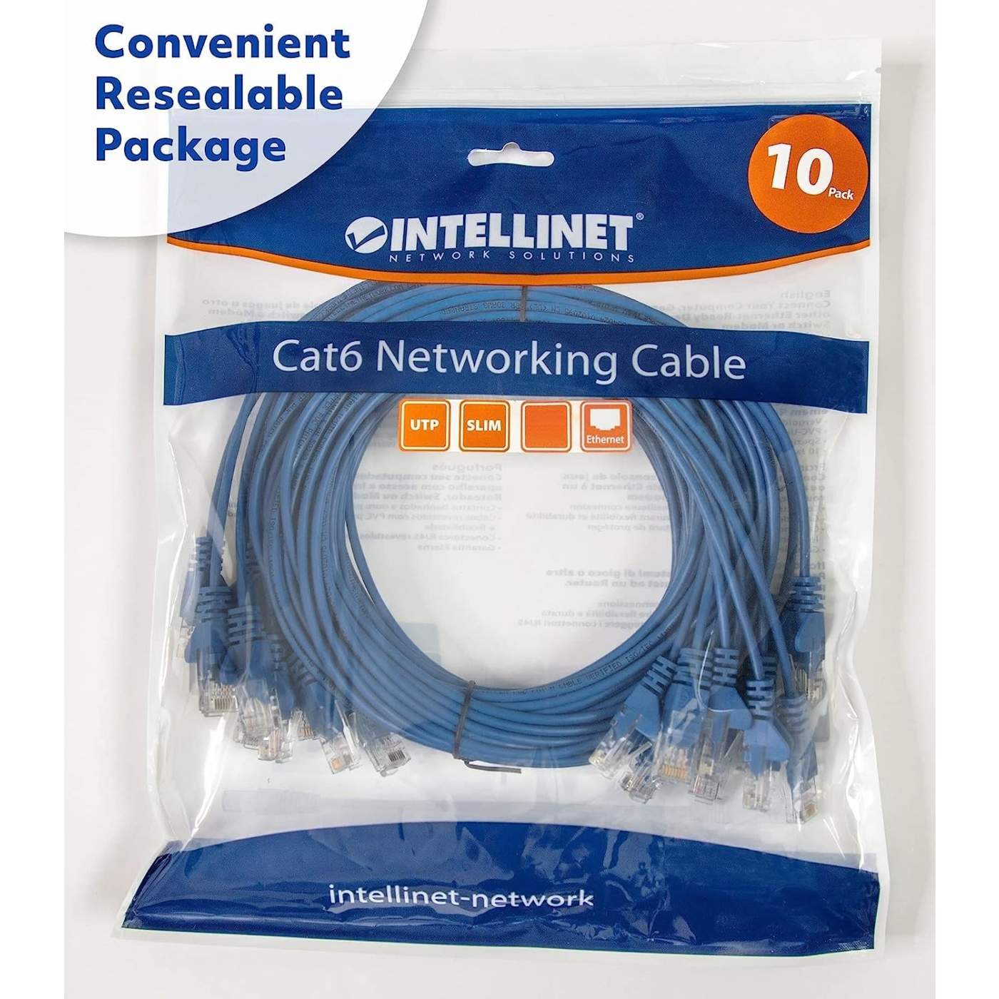 Cable de parche de red Cat6 U/UTP delgado, 7 pies, azul, paquete de 10 Packaging Image 2