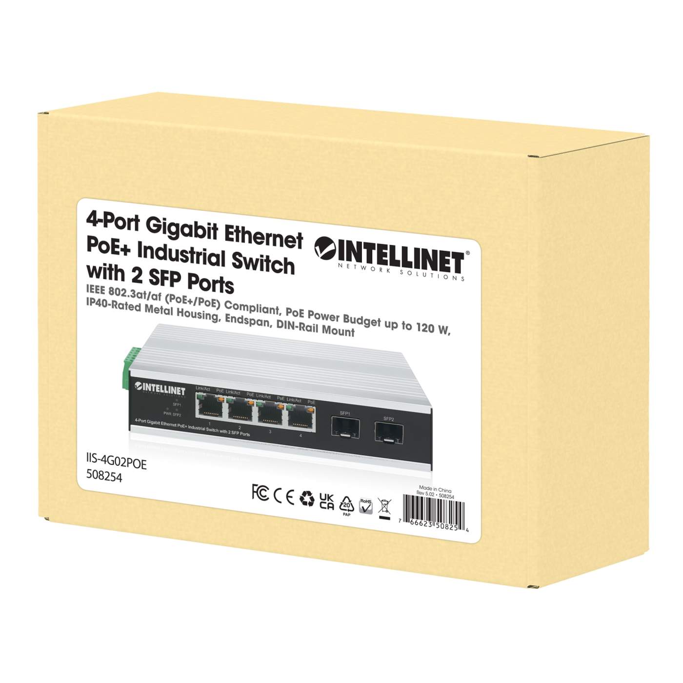 Switch industrial PoE+ con 4 puertos Gigabit Ethernet + 2 SFP Packaging Image 2
