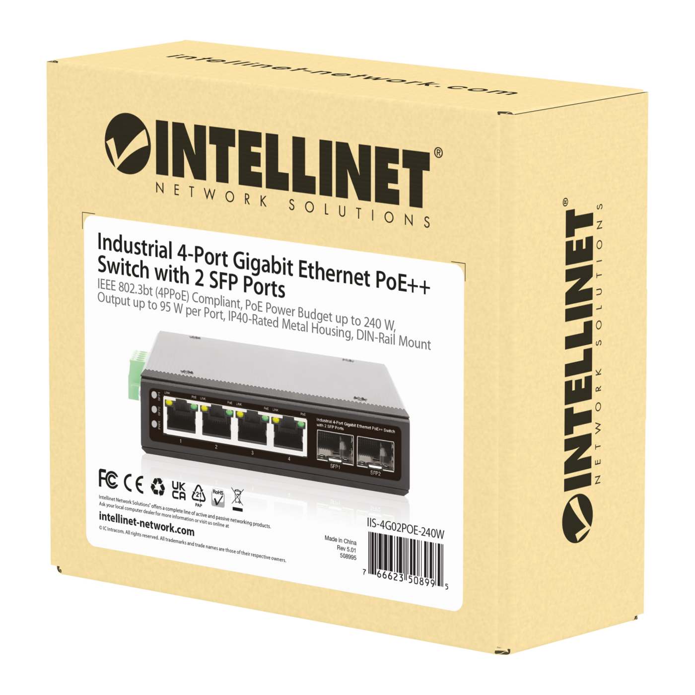 Switch Industrial Gigabit con 4 puertos PoE++ y 2 puertos SFP Packaging Image 2