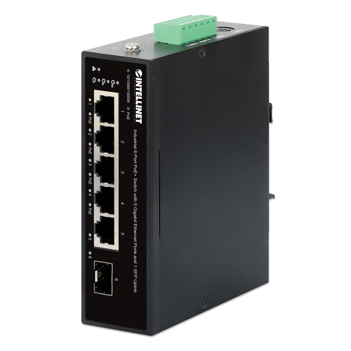 Switch PoE+ industrial de 6 puertos con 5 puertos Gigabit Ethernet y 1 enlace ascendente SFP Image 1