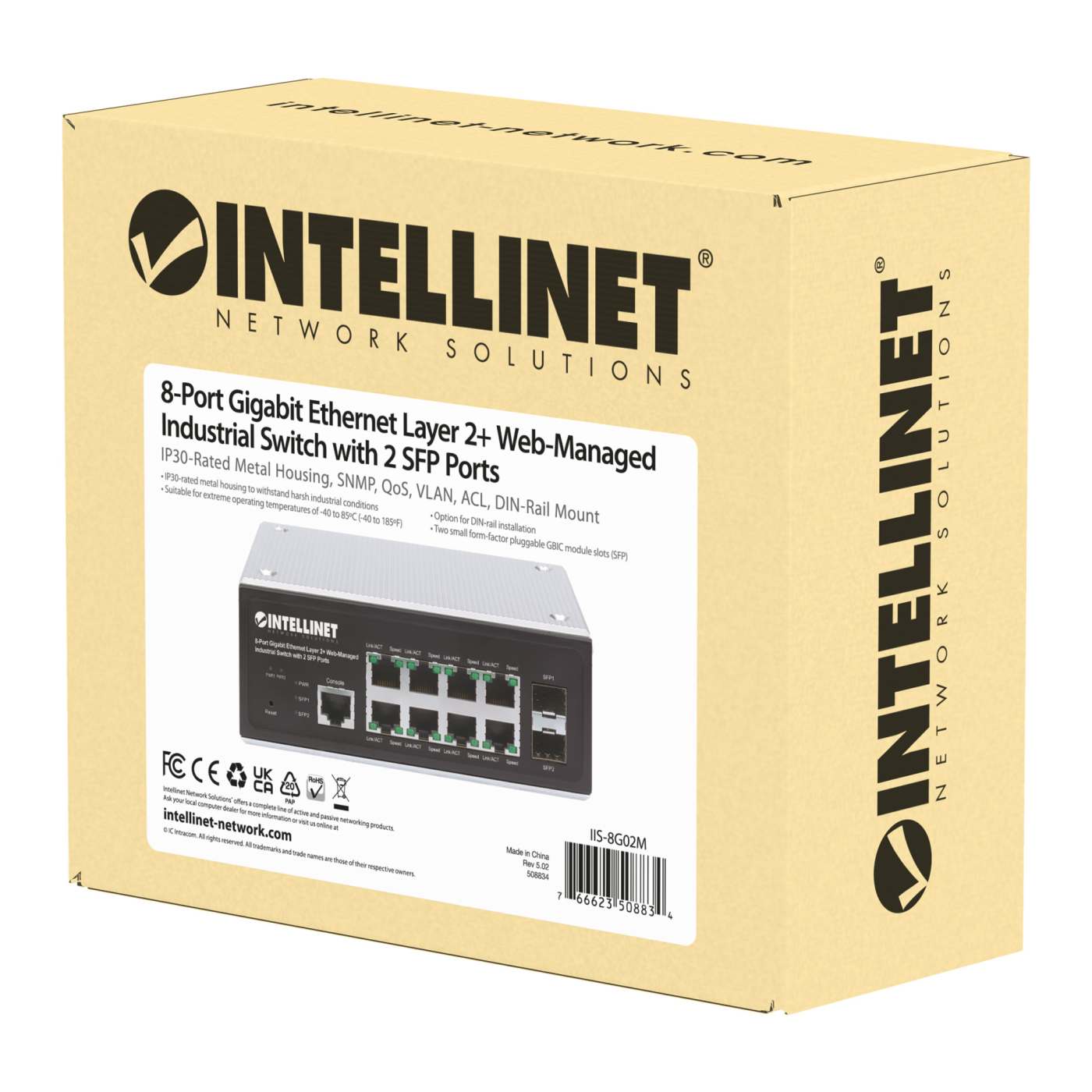 Switch Industrial Administrable L2+ con 8 puertos Gigabit y 2 SFP Packaging Image 2