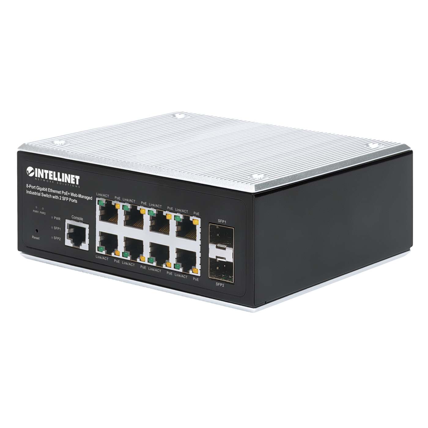 Switch industrial PoE+ con 8 puertos Gigabit Ethernet administrado por Web con 2 puertos SFP Image 1