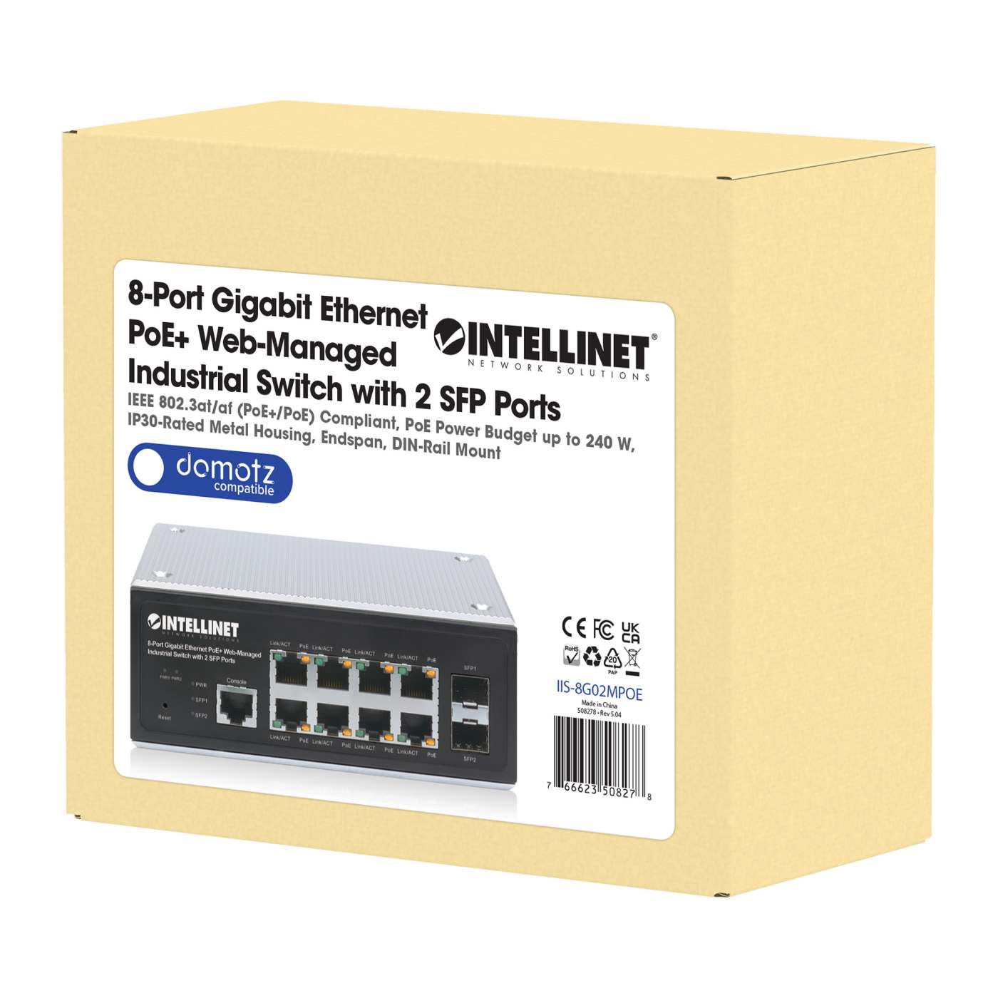 Switch industrial PoE+ con 8 puertos Gigabit Ethernet administrado por Web con 2 puertos SFP Packaging Image 2