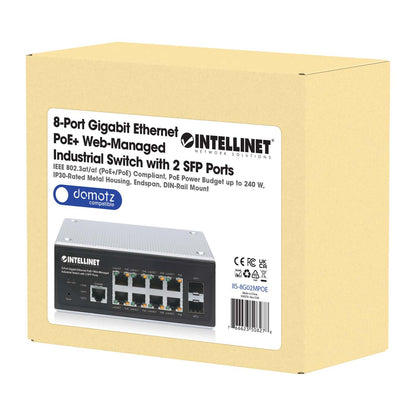 Switch industrial PoE+ con 8 puertos Gigabit Ethernet administrado por Web con 2 puertos SFP Packaging Image 2