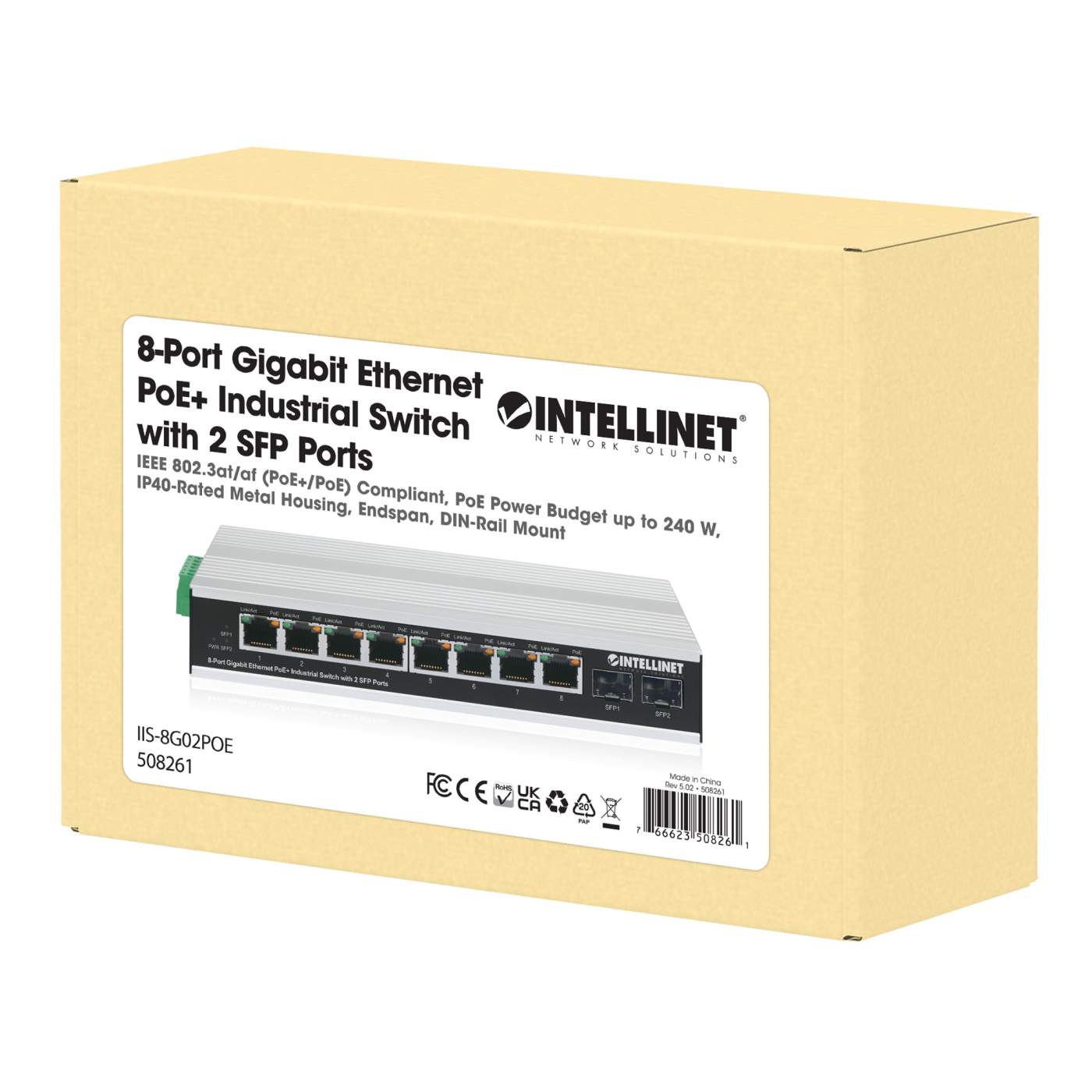 Switch industrial PoE+ con 8 puertos Gigabit Ethernet + 2 SFP Packaging Image 2