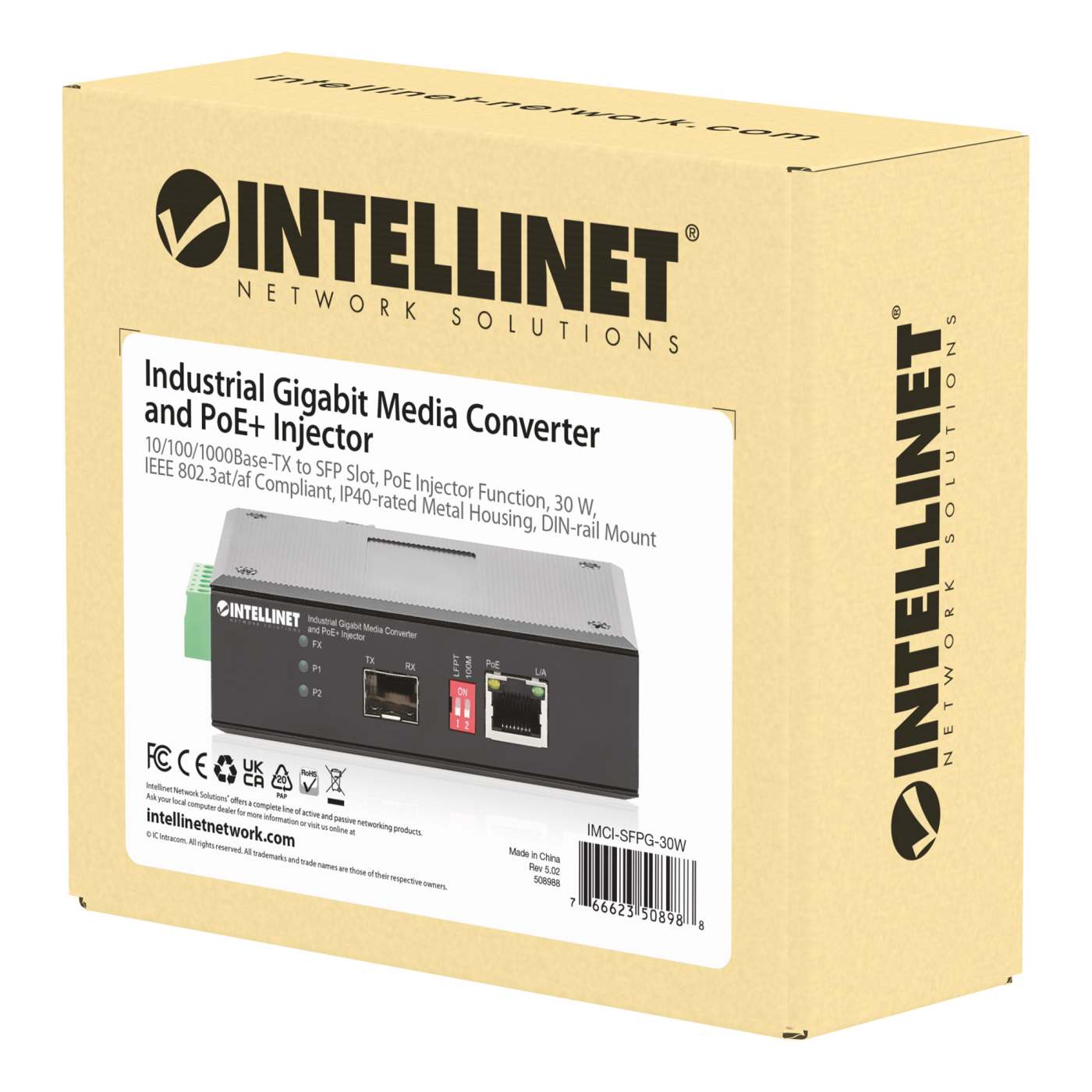Convertidor de Medios Industrial Gigabit e Inyector PoE+ Packaging Image 2