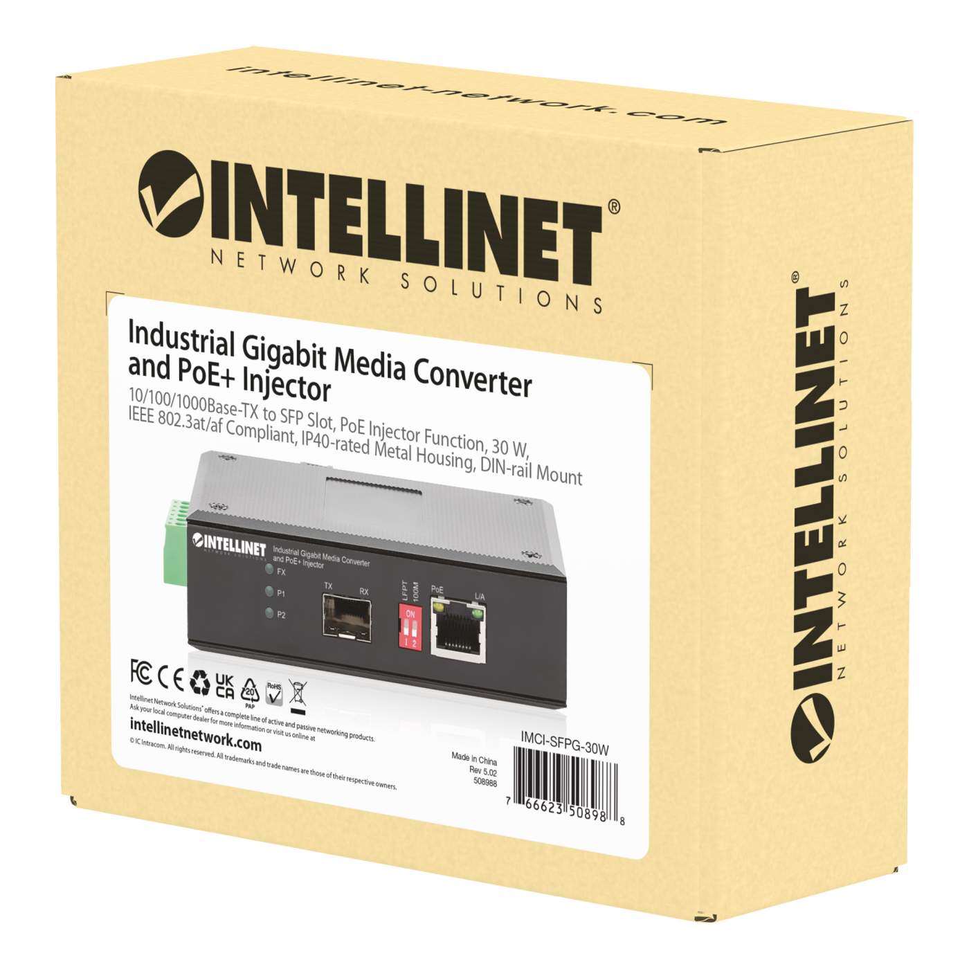 Convertidor de Medios Industrial Gigabit e Inyector PoE+ Packaging Image 2