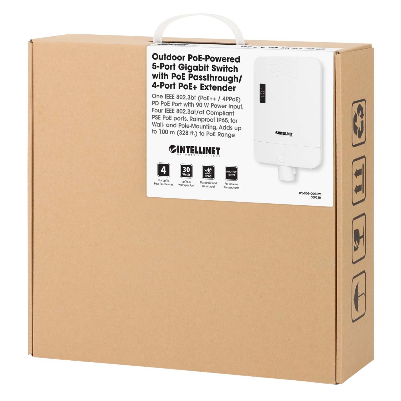 Switch PoE+ de 5 puertos Gigabit para exteriores, puerto de alimentación por PoE y 4 puertos de paso PoE+ Packaging Image 2