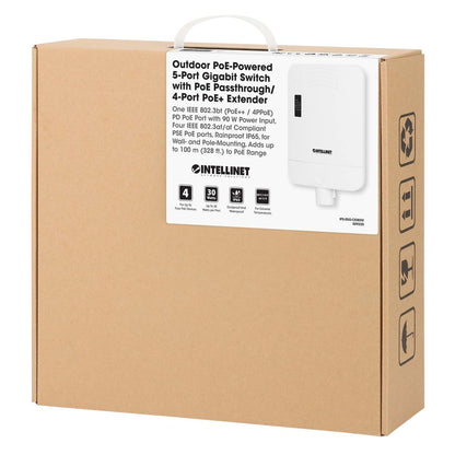 Switch PoE+ de 5 puertos Gigabit para exteriores, puerto de alimentación por PoE y 4 puertos de paso PoE+ Packaging Image 2