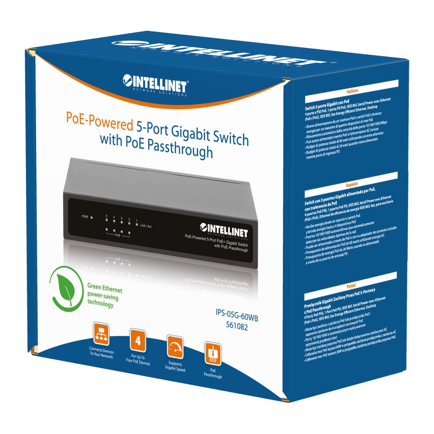 Switch con 5 puertos Gigabit alimentado por PoE, con transferencia de PoE Packaging Image 2