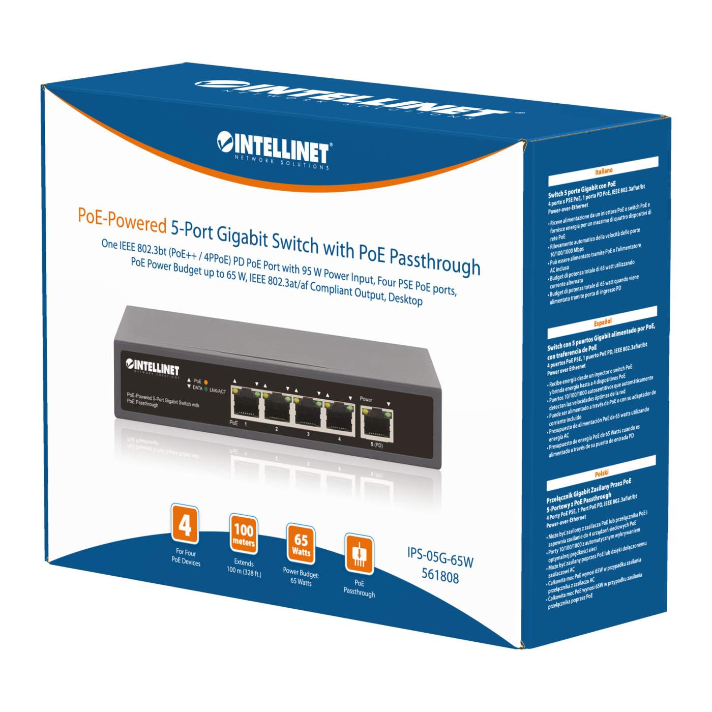 Switch PoE+ de 5 puertos Gigabit con Transferencia PoE Packaging Image 2